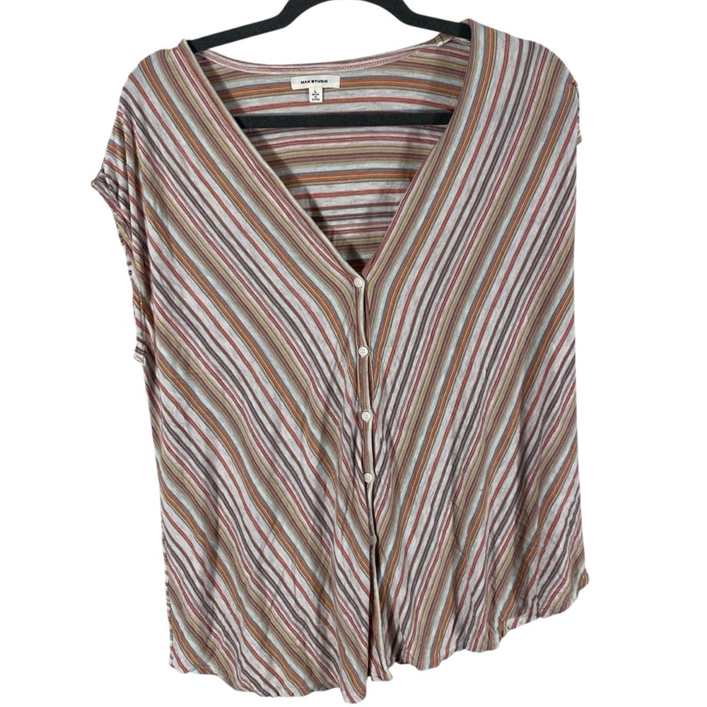 Max Studio Multicolor V neck Buttoned Cap Sleeve Blouse Sz L
